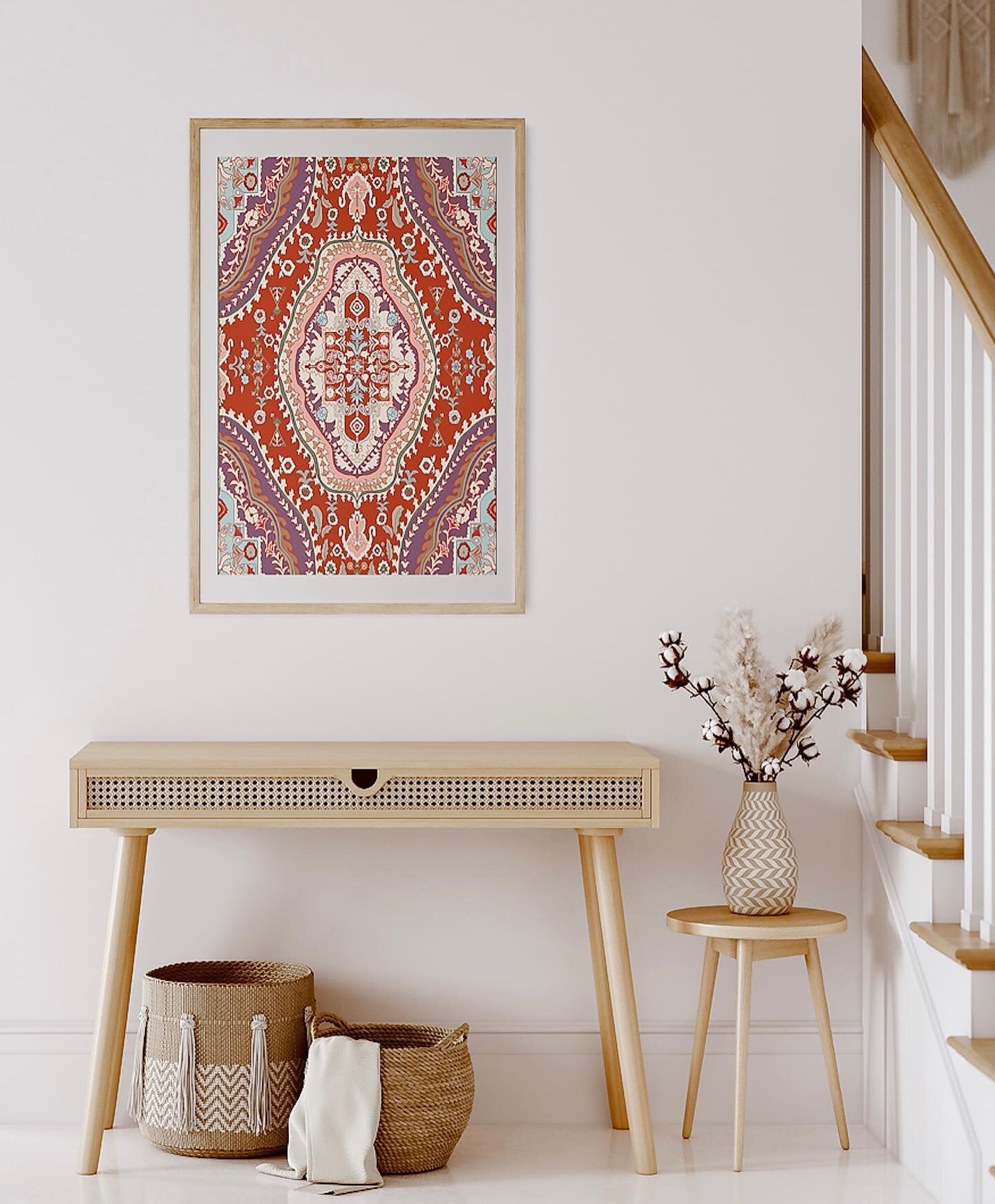✨ Sneak peek✨ of what&rsquo;s coming to @chehrazstudio October 1st: hanging linen rug designs! These hand drawn and colored pieces are taken and printed on fabric, cut and put into a beautiful frame to add texture to your art collection. These pieces